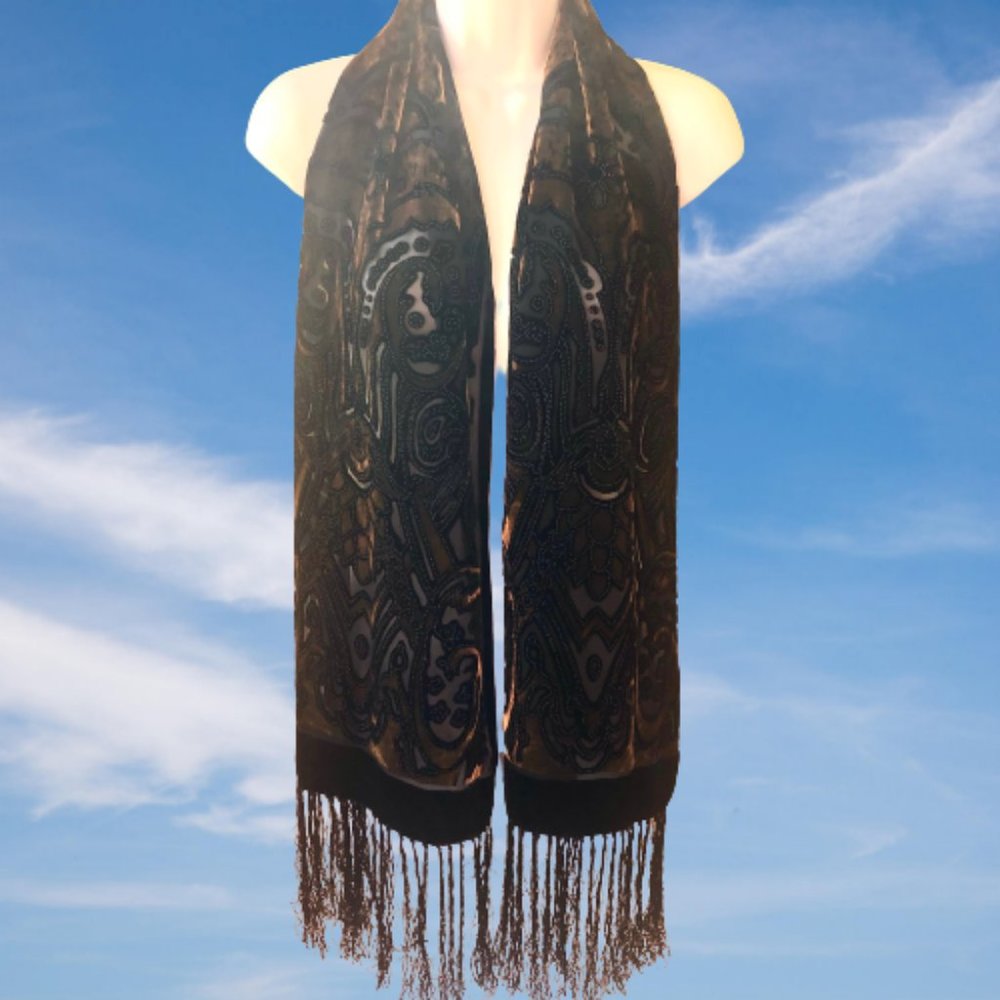 Burnout Velvet Vintage Oblong Scarf with Fringe Brown Black + Sheer